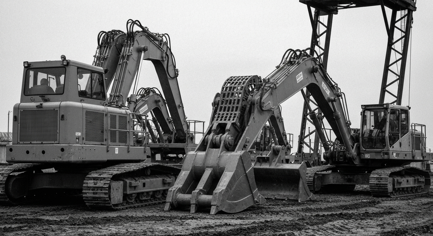 A high-contrast, black and white close-up photograph of heavy industrial machinery and equipment used in infrastructure construction, conveying the scale and power of Quanta Services' operations.