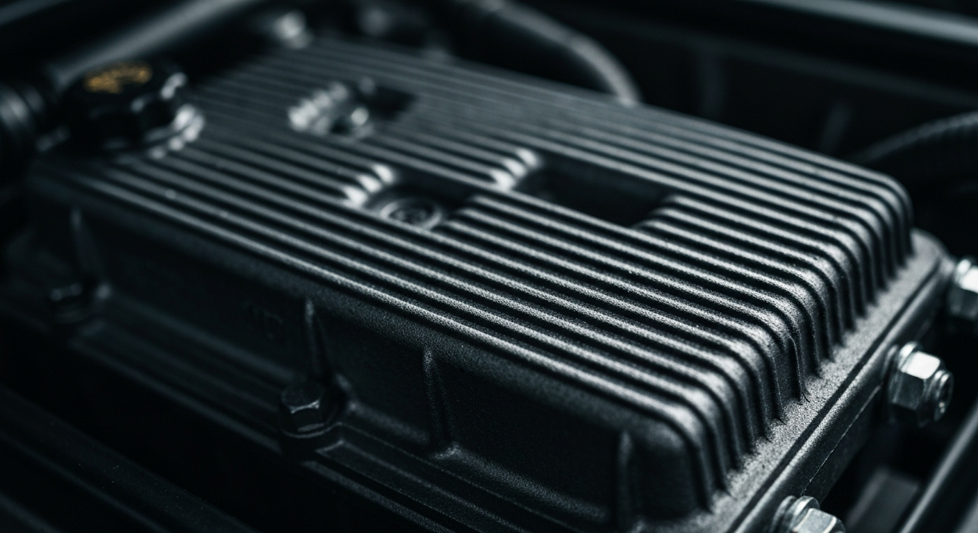 An extreme close-up of the raw, pebbled surface of a car's engine block, with visible textures and dramatic lighting, conveying the intricate nature of automotive maintenance.