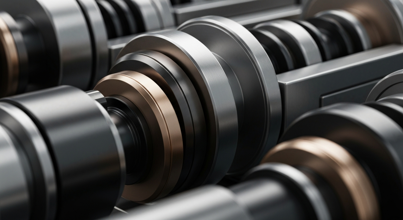 A highly detailed, cinematic close-up image of the inner workings of heavy industrial banking machinery, conveying a sense of the complex infrastructure and stability underlying global financial markets.