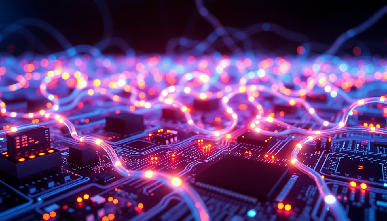 A highly detailed, glowing 3D illustration of a complex network of illuminated fiber-optic cables and circuit boards, conceptually representing the critical digital infrastructure that enables communication and data exchange during a hurricane.