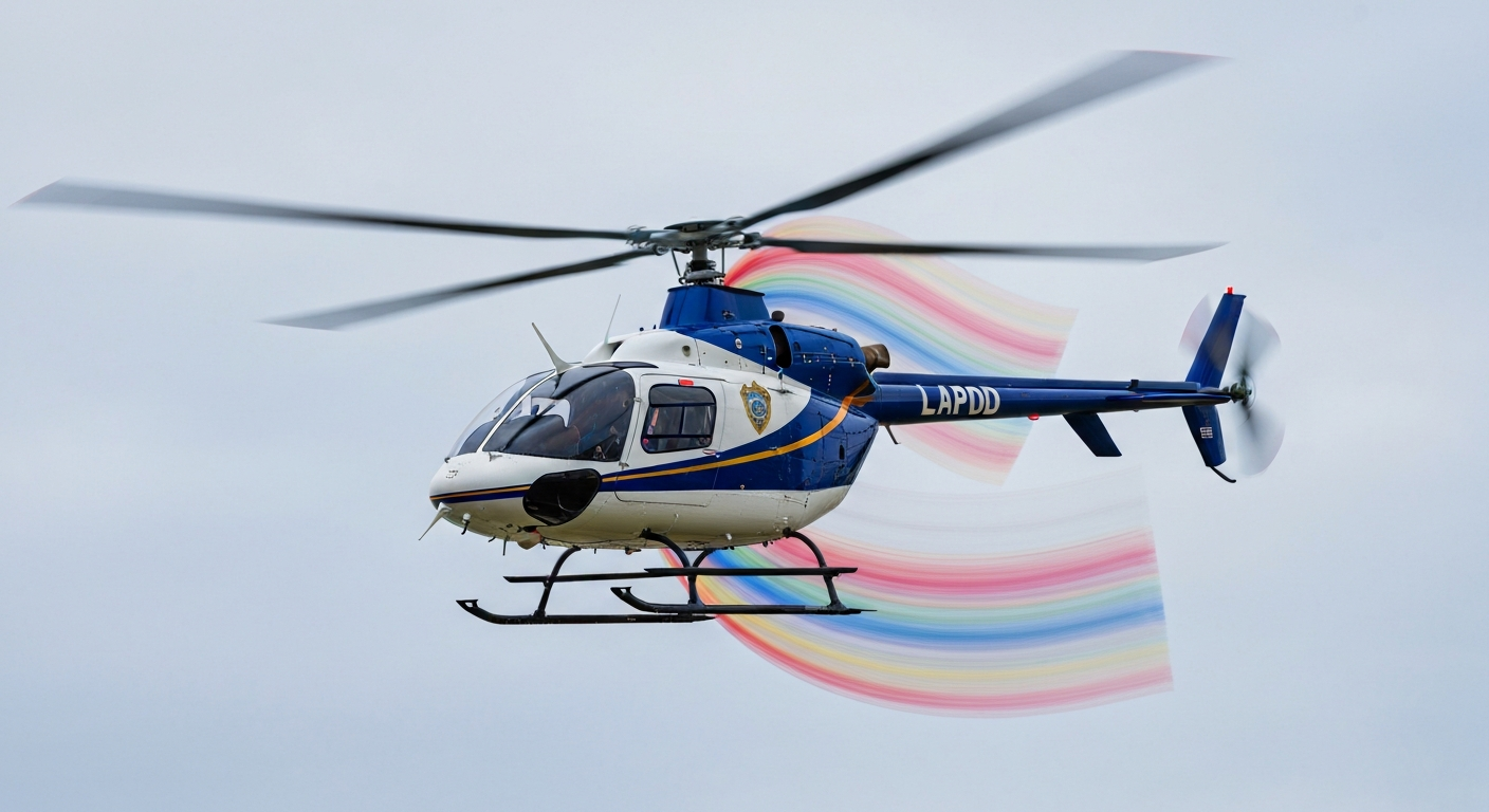An abstract, blurred image of a LAPD helicopter in flight, conveying a sense of speed, motion, and the chaos of the incident.