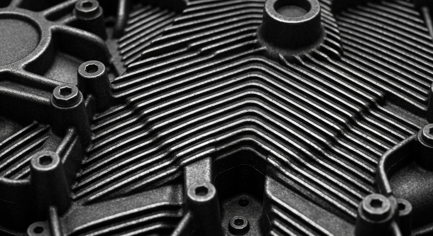 An extreme close-up of the textured surface of a car's engine block, with intricate patterns and details in shades of gray, black, and metallic, conceptually illustrating the complexity and importance of vehicle maintenance.
