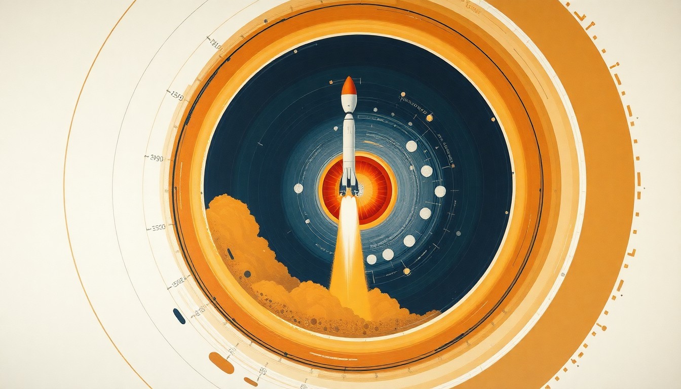 A bold, abstract painting in earthy tones of ochre, sienna, and deep blue, featuring sweeping geometric arcs, concentric circles, and precise mechanical spirals, conceptually representing the complex engineering and physics of a heavy-lift orbital rocket launch.