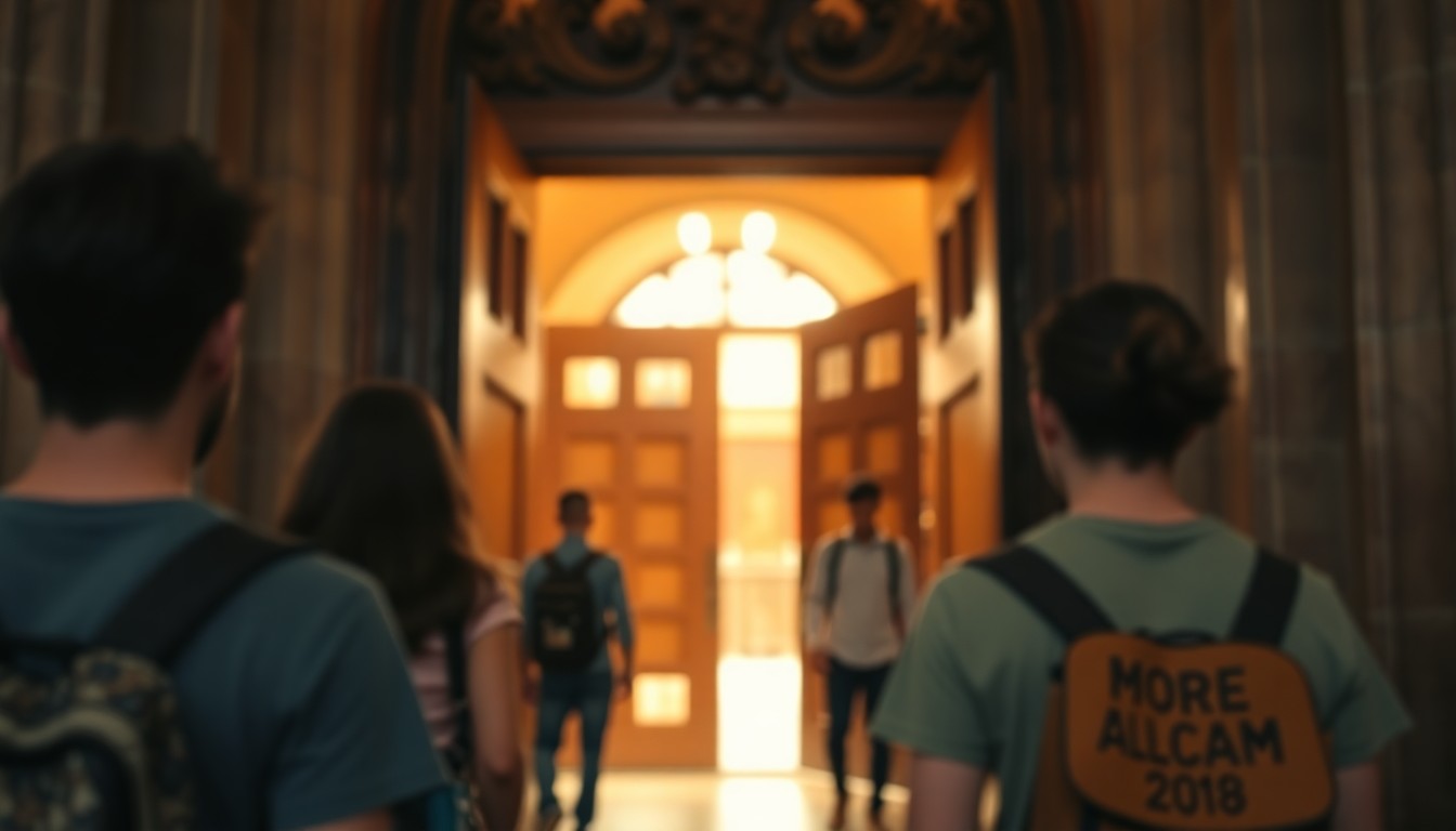An extremely abstracted, out-of-focus photograph of the entrance to a Catholic church, with the warm glow of light and blurred silhouettes of people entering, conveying a sense of spiritual renewal and community.