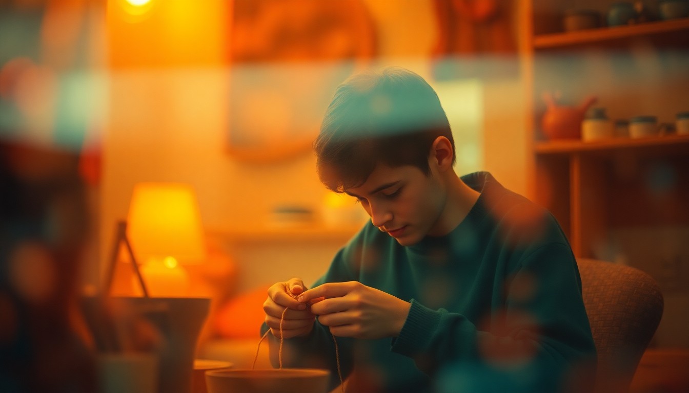 An abstract, impressionistic photograph showing the blurred silhouette of a young adult engaged in a focused hobby, surrounded by soft, warm pools of light and color, conveying a sense of purposeful activity and personal growth.