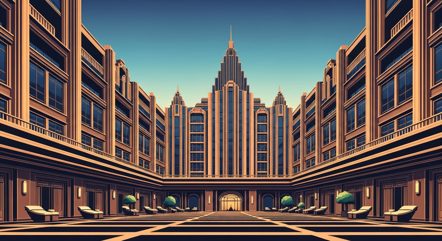 An abstract, geometric illustration in the Art Deco style, depicting the grand, sweeping architecture of a luxury hotel with bold lines, smooth gradients, and a sense of scale and monumentality.