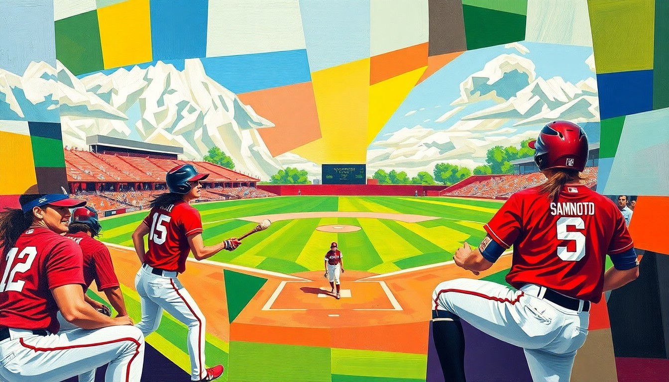 A cubist-style painting depicting a softball game, with the players and field broken down into sharp, overlapping geometric shapes in the colors of Stanford and NC State uniforms, conveying the energy and dynamism of the matchup.