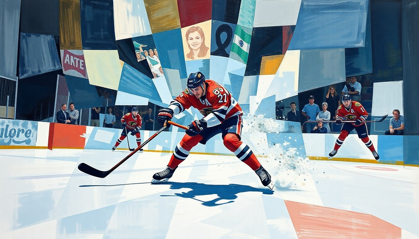 A cubist, geometric painting depicting the fractured movements of a hockey player scoring a goal, with sharp planes of ice, sticks, and jerseys overlapping to create a dynamic, multi-perspective scene.