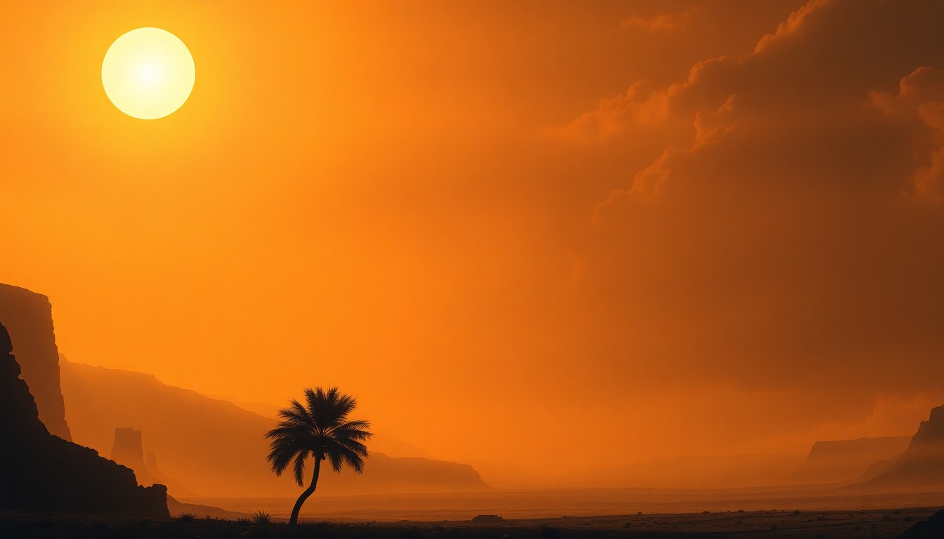 A sweeping, atmospheric landscape painting in muted tones of orange, yellow, and hazy blue, with a lone palm tree silhouetted in the foreground against a blazing, hazy horizon, conveying the overwhelming power and scale of the natural environment during an extreme heat event.