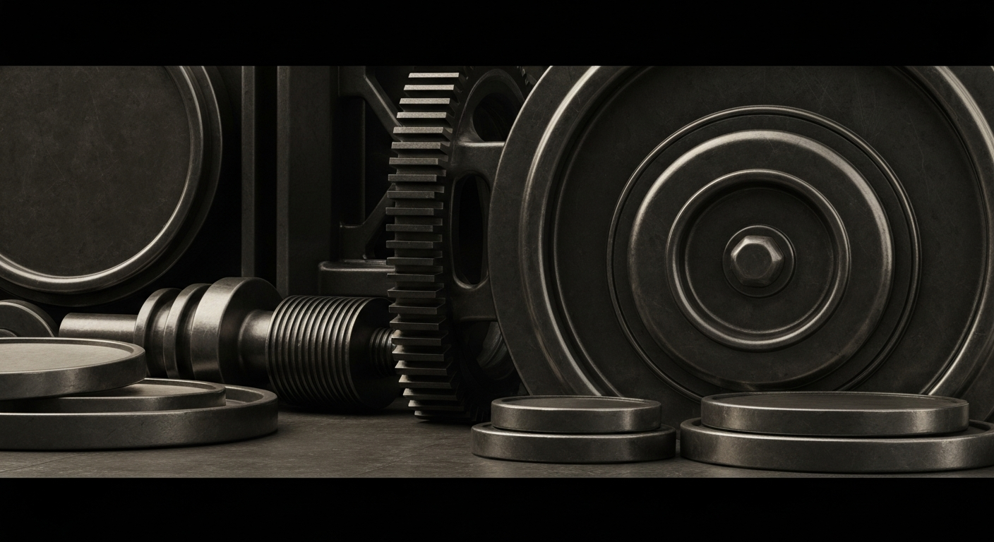 An extreme close-up of intricate, industrial-looking financial machinery and equipment, conveying the complex institutional forces behind healthcare real estate investments.