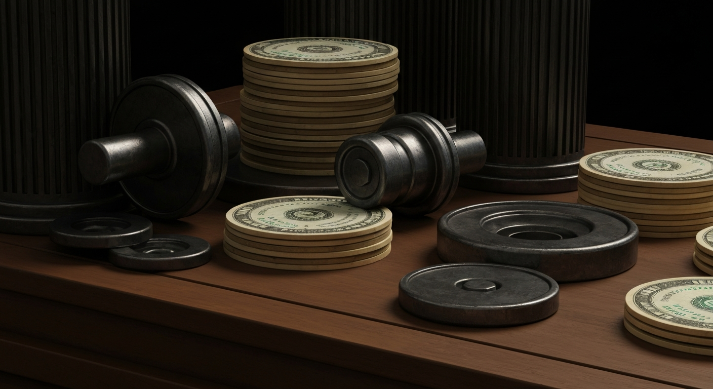 A highly detailed, black and white close-up image of intricate gears, levers, and machinery, conveying the complex inner workings of the financial industry without depicting any recognizable objects or symbols.