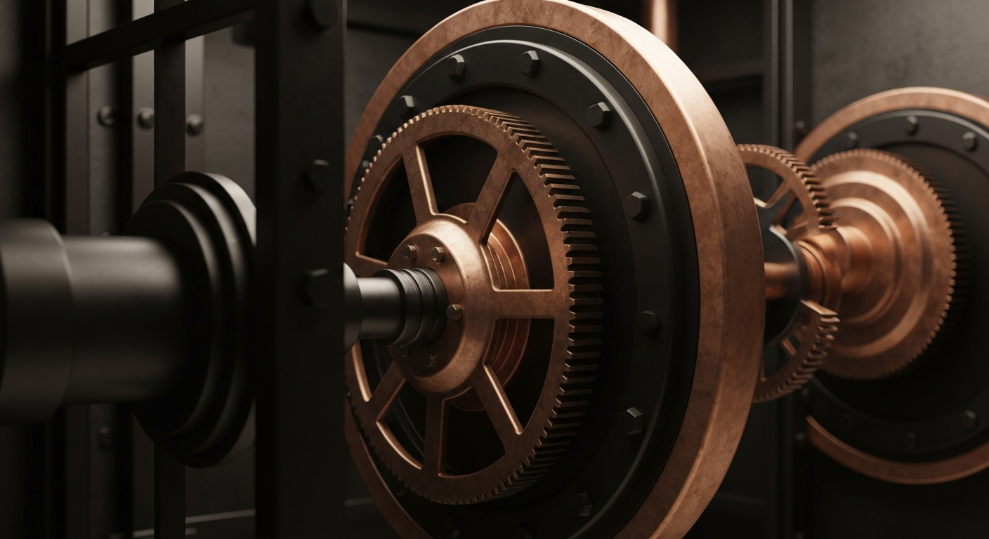 A highly detailed, macro-level view of the gears, levers, and mechanisms that comprise the infrastructure of the banking and finance sector, conveying a sense of the industry's scale, complexity, and influence.