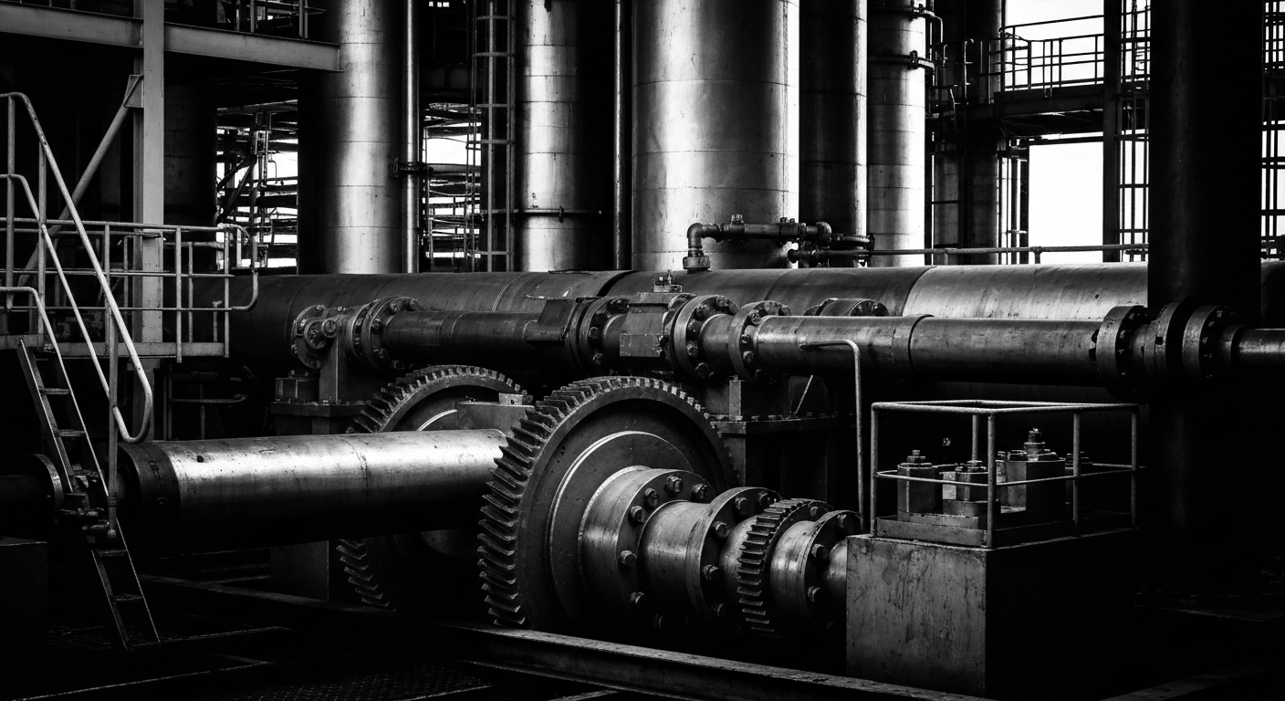 A high-contrast, cinematic close-up of the complex machinery and gears of an oil refinery, conveying the industrial power and scale of the energy sector.