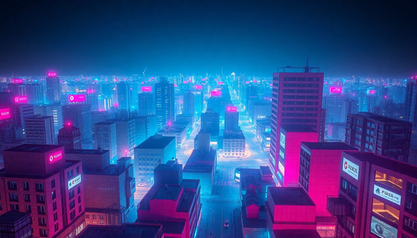 A highly detailed, glowing 3D illustration of a cityscape at night, with neon cyan and magenta lights illuminating the buildings and infrastructure, conceptually representing the digital connectivity and global significance of Bethlehem as a hub for real-time news coverage.