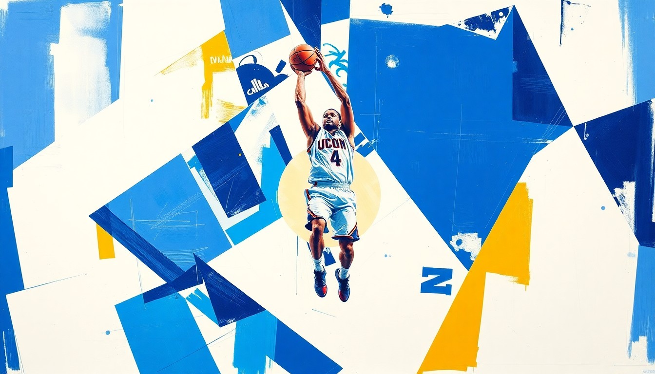 A cubist, geometric painting depicting a basketball player's jump shot broken down into sharp, overlapping planes of vibrant blue and white colors, conceptually representing the multifaceted nature of Braylon Mullins' game and his importance to the UConn Huskies.