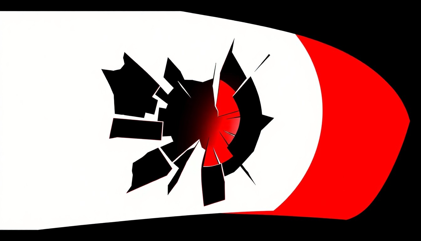 An extreme close-up of a shattered car sensor lens reflecting a faint red light, conceptually illustrating the vandalism of self-driving cars.