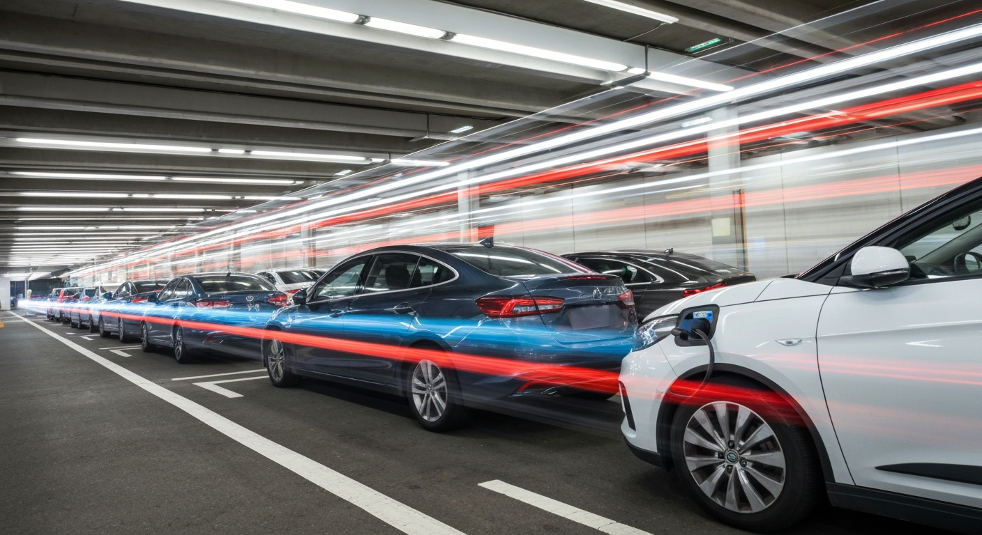 An abstract, colorful image depicting the motion blur of electric vehicles charging at a station, conveying the energy and dynamism of the emerging EV infrastructure.