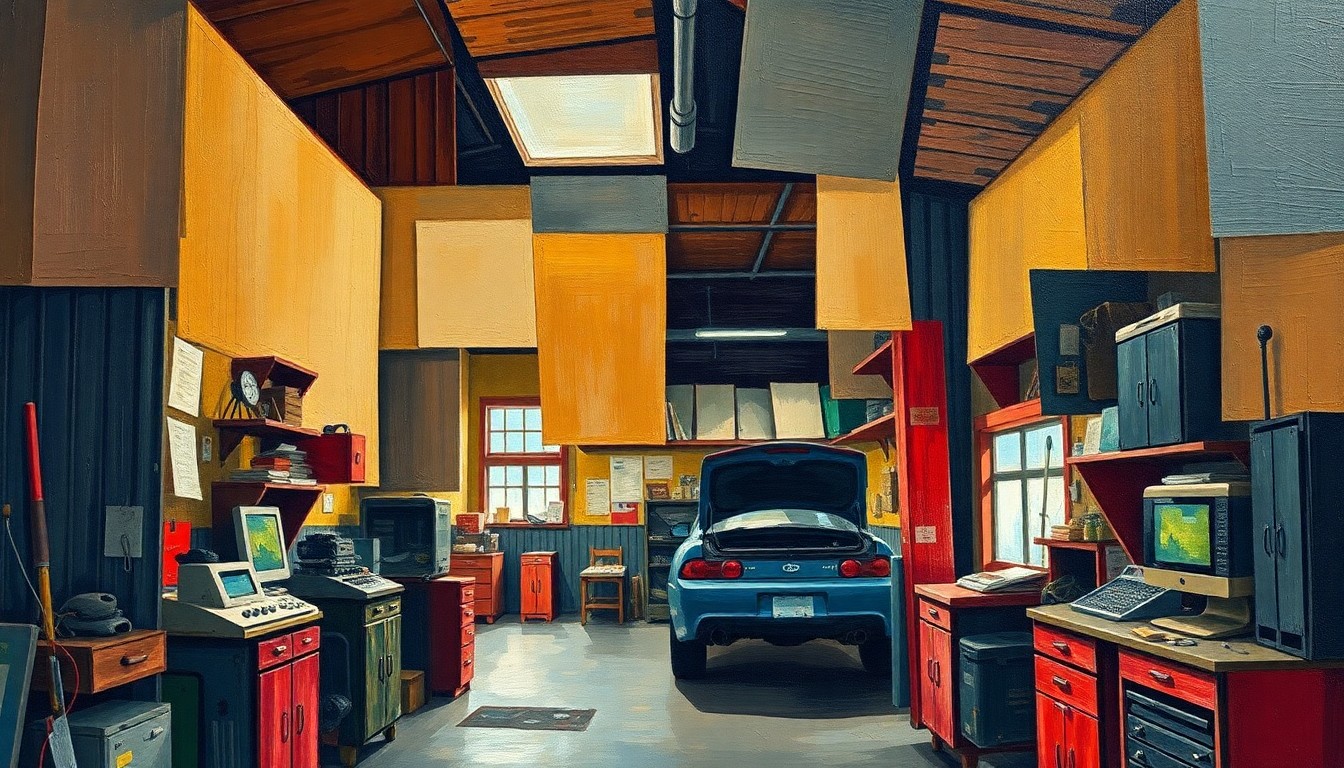 A fragmented, geometric painting depicting the interior of an auto repair shop, with sharp planes of warm earth tones, muted blues, and deep reds, conveying the multifaceted challenges facing the local business.