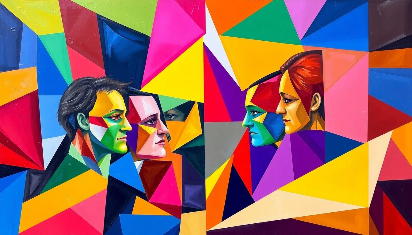 A fragmented, geometric painting in bold colors depicting a high school SkillsUSA competition, with overlapping shapes and planes representing the team's dedication and competitive spirit.