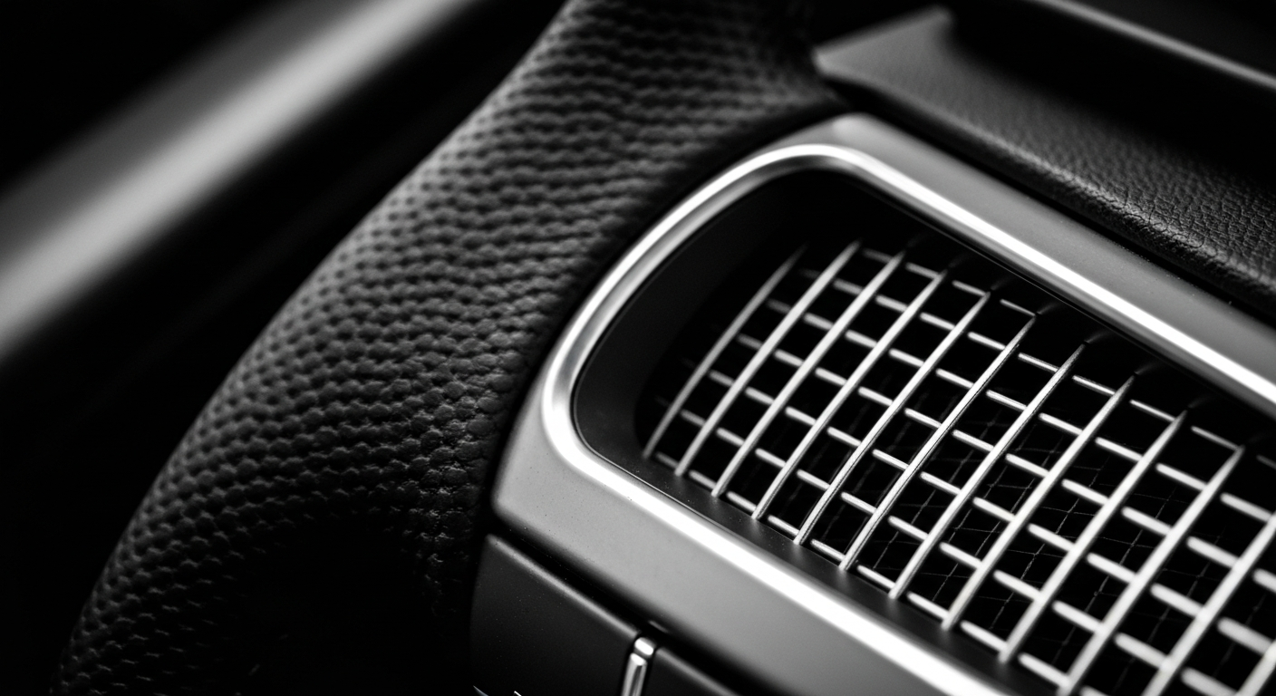 An extreme close-up photograph showcasing the intricate texture and details of an Audi Q5 automotive component, such as the pebbled leather of the steering wheel or the woven mesh of an air intake, conveying a sense of the engineering and craftsmanship behind the vehicle.