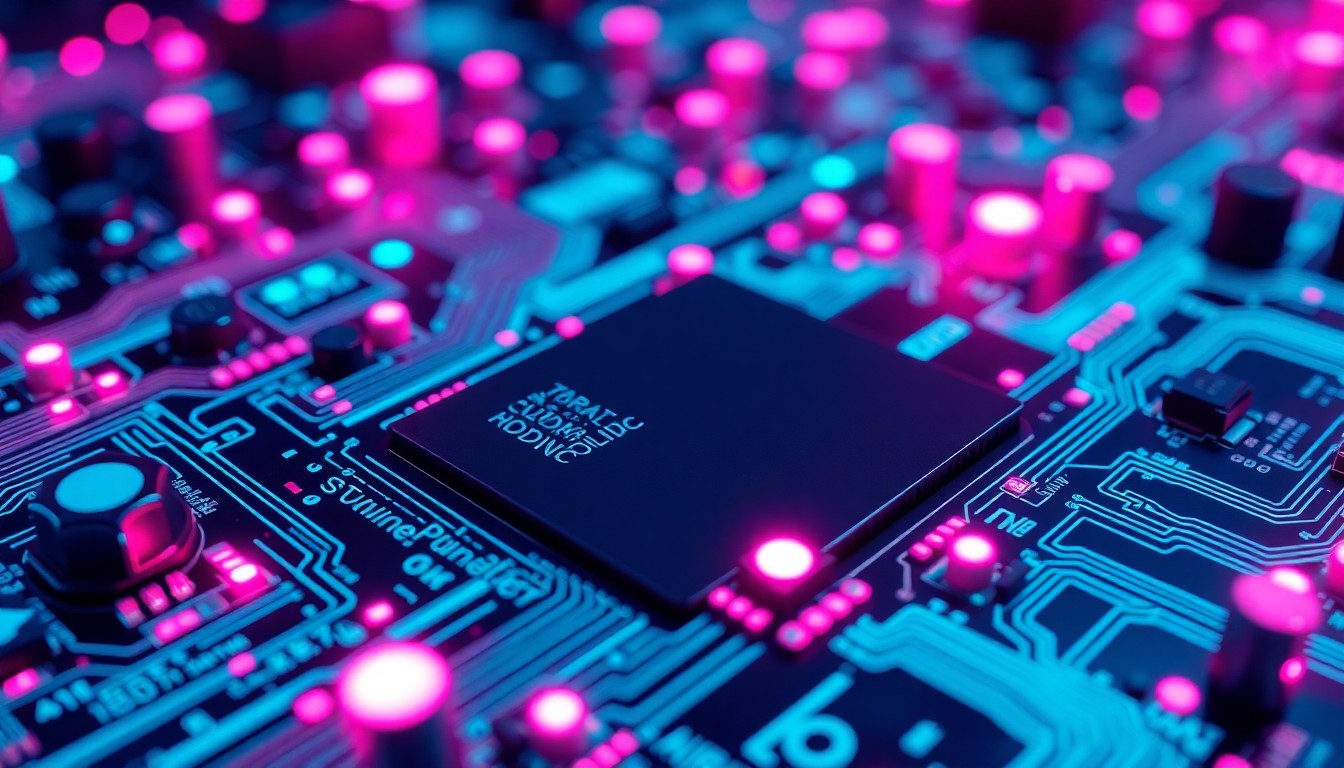 A highly detailed, glowing 3D macro illustration of a circuit board with pulsing neon cyan and magenta lights, conceptually representing the interconnected nature of global tech talent and the need for a balanced approach to workforce development.