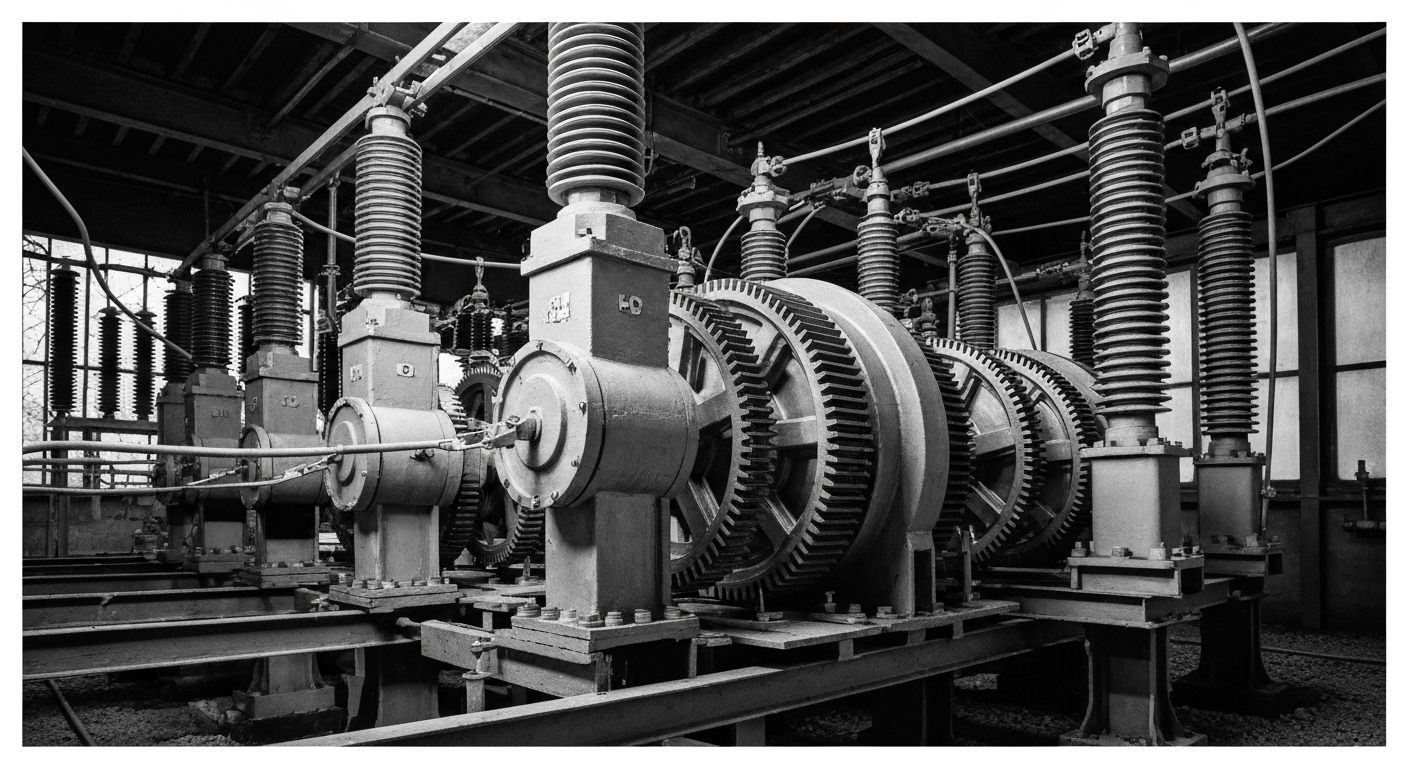 A high-contrast black and white close-up image of the complex machinery and gears inside an electrical substation, representing the robust physical assets that enable Sempra Energy's utility operations.