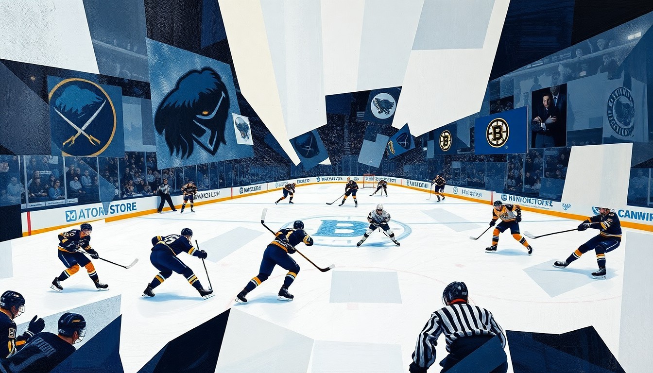 A cubist, geometric painting depicting a hockey game between the Buffalo Sabres and Boston Bruins, with the players and action on the ice fractured into sharp, overlapping planes of color and shape.