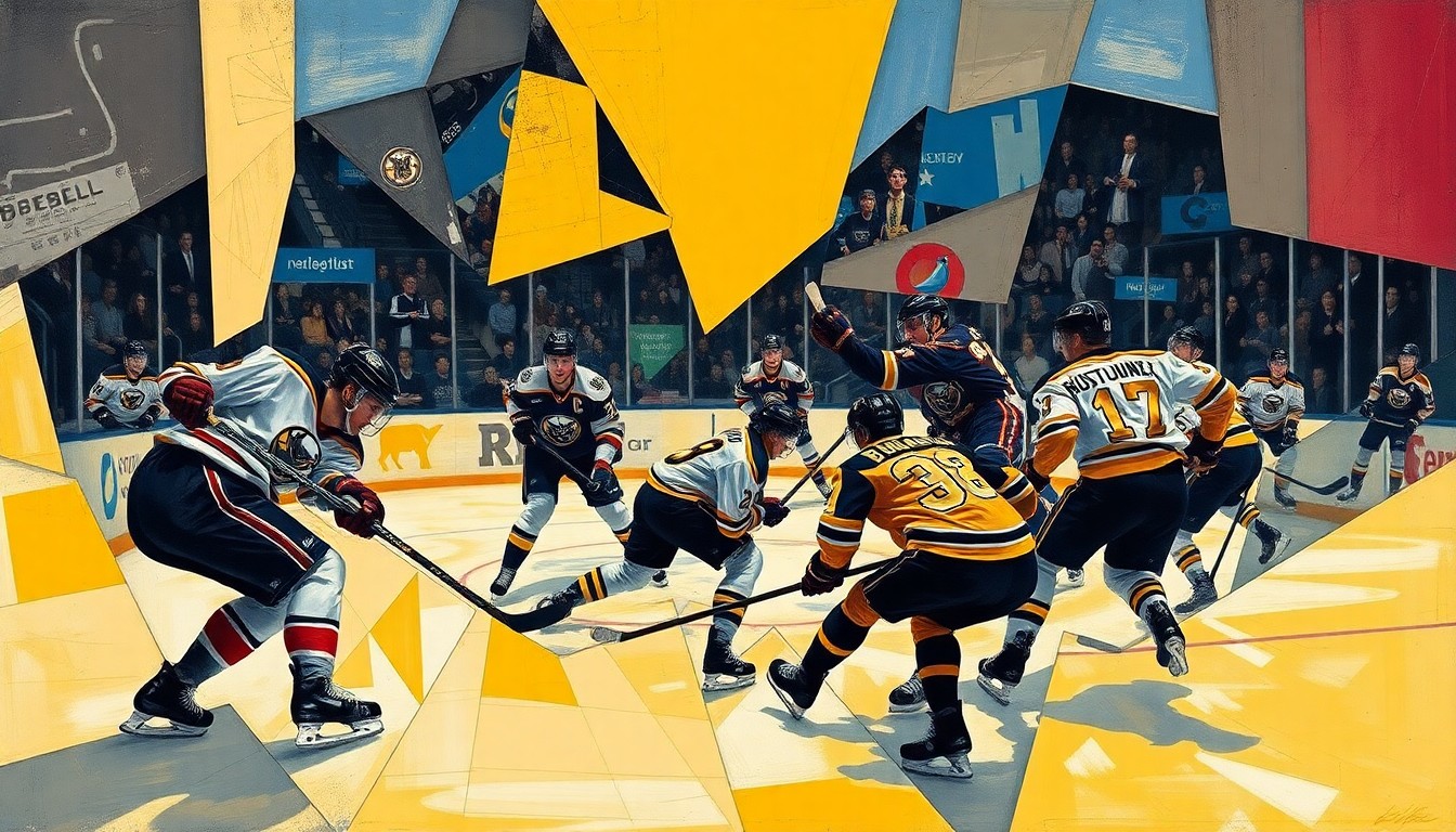 A cubist, geometric painting depicting the intensity and movement of a hockey game, with fragmented, overlapping planes representing the players and action on the ice.