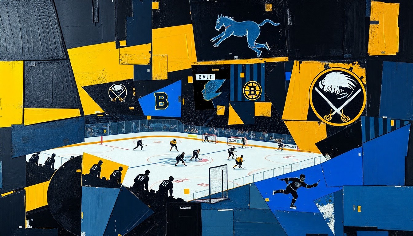 A cubist, geometric painting depicting a hockey game in motion, with players and the puck represented through overlapping angular shapes in shades of blue, gold, and black.