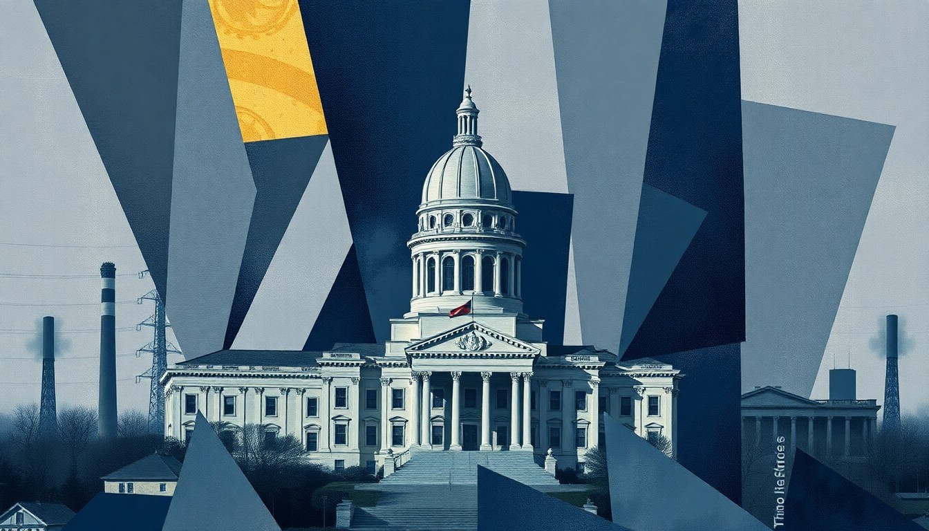 A dynamic, fragmented painting depicting the Ohio state capitol building, power plant smokestacks, and dollar bills in shades of navy, grey, and gold, conveying the complex interplay of politics and money at the center of the bribery scandal.