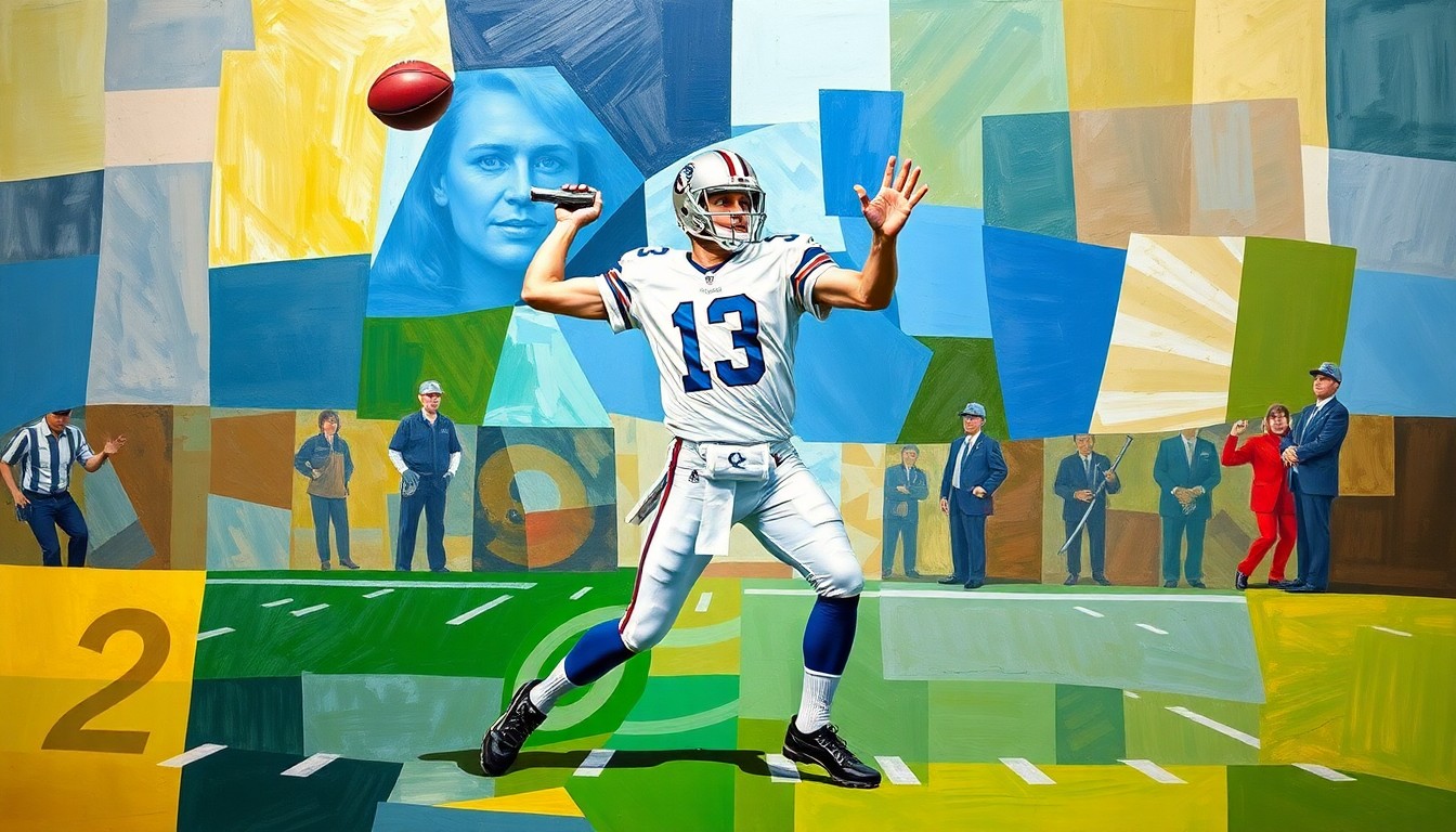 A cubist, geometric painting depicting a football quarterback in the midst of throwing a pass, with the player's body and the ball broken down into sharp, overlapping planes of color.