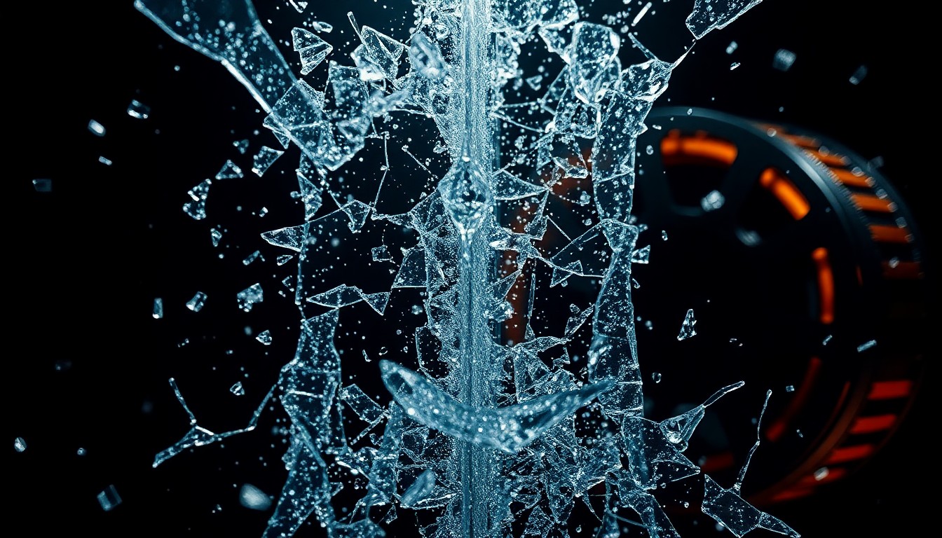 An abstract close-up image of shattered glass and glittering film reel textures in high-contrast studio lighting, conceptually representing the digital resurrection of a late Hollywood icon.