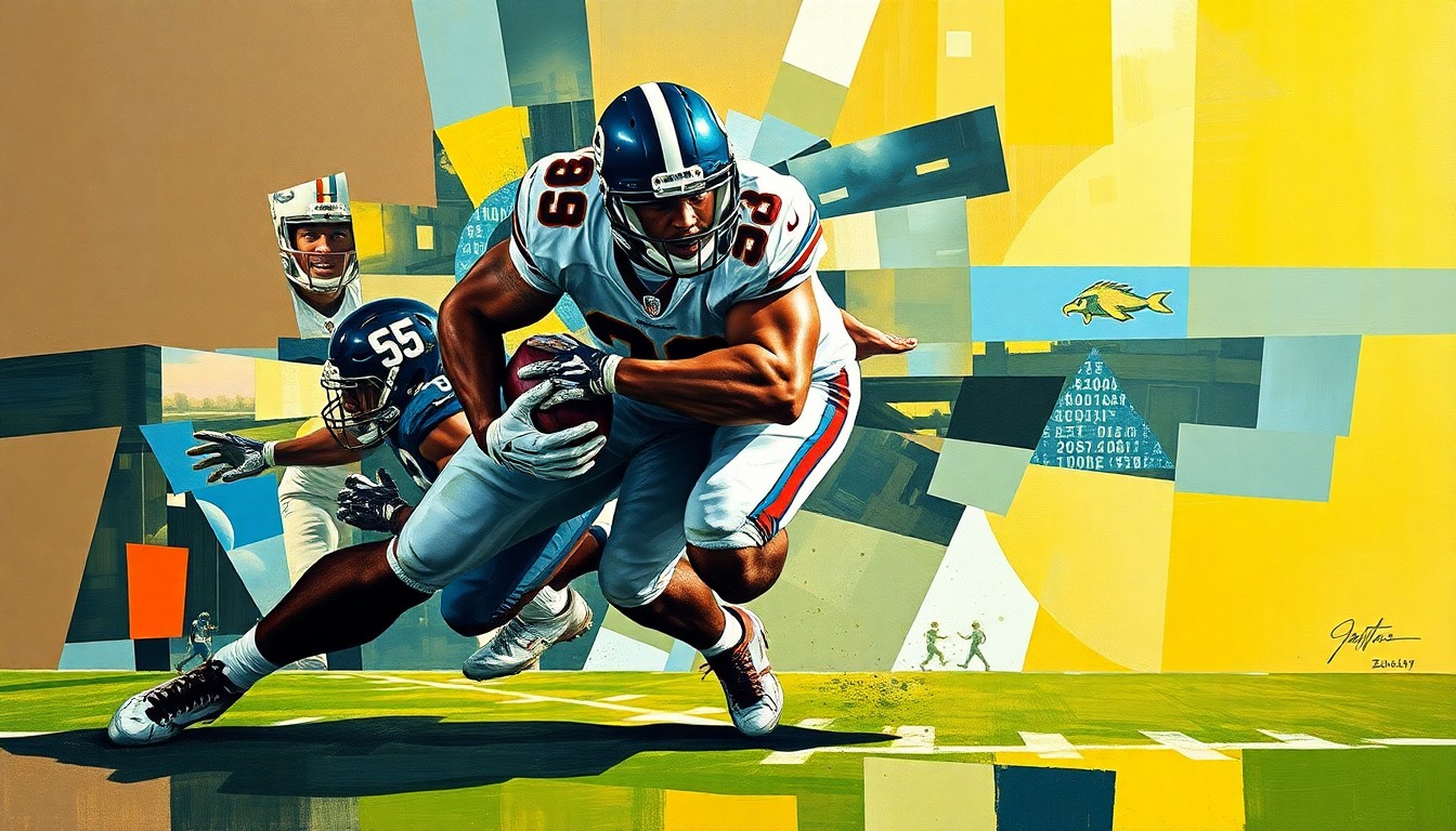 A cubist-style painting depicting a defensive lineman making a tackle, with the player's body broken down into sharp, overlapping geometric shapes in a vibrant color palette.