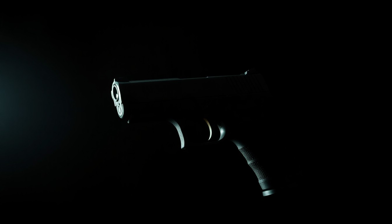 An extreme close-up photograph of a handgun magazine against a pitch-black background, lit by a harsh, direct camera flash, conceptually illustrating the threat of gun violence in Chicago.