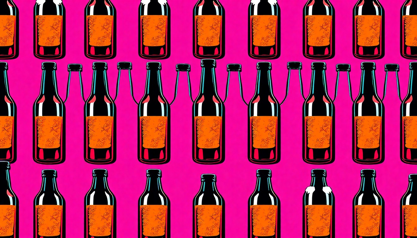 A highly stylized, silkscreen-inspired illustration featuring a repeated pattern of a single craft beer bottle or glass in a grid, rendered in a bold, neon color palette with heavy black outlines, conceptually representing Boise's vibrant beer culture.