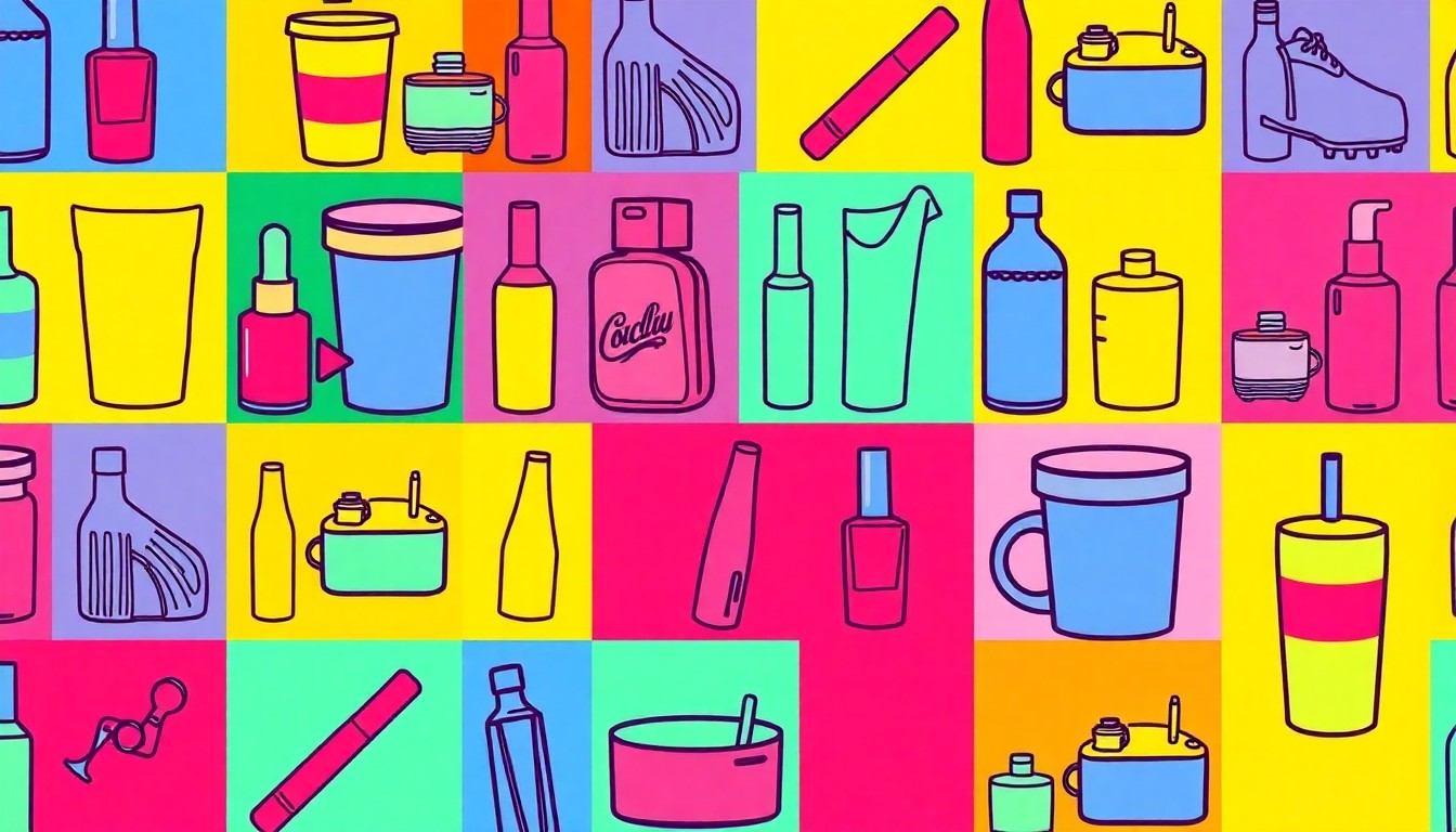 A brightly colored, high-contrast silkscreen print of a single, iconic lifestyle object repeated in a tight grid pattern, utilizing flat, vibrant, and unnatural neon color palettes overlapping with heavy black photographic outlines to turn everyday consumer habits into modern pop art.