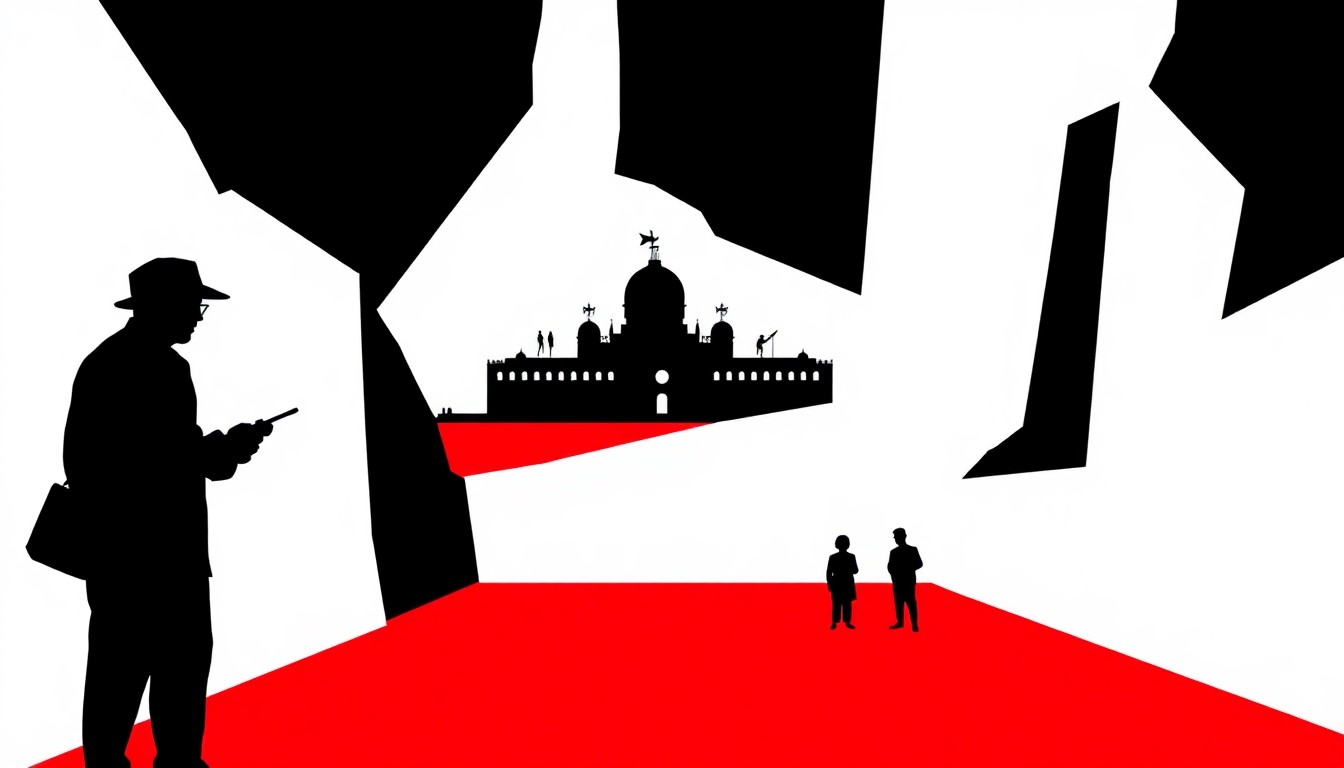 A striking, minimalist composition of bold, jagged shapes and silhouettes in high-contrast colors, conceptually representing the themes of historical framing, marginalized voices, and possibilities for renewal in the context of the Venice Biennale.