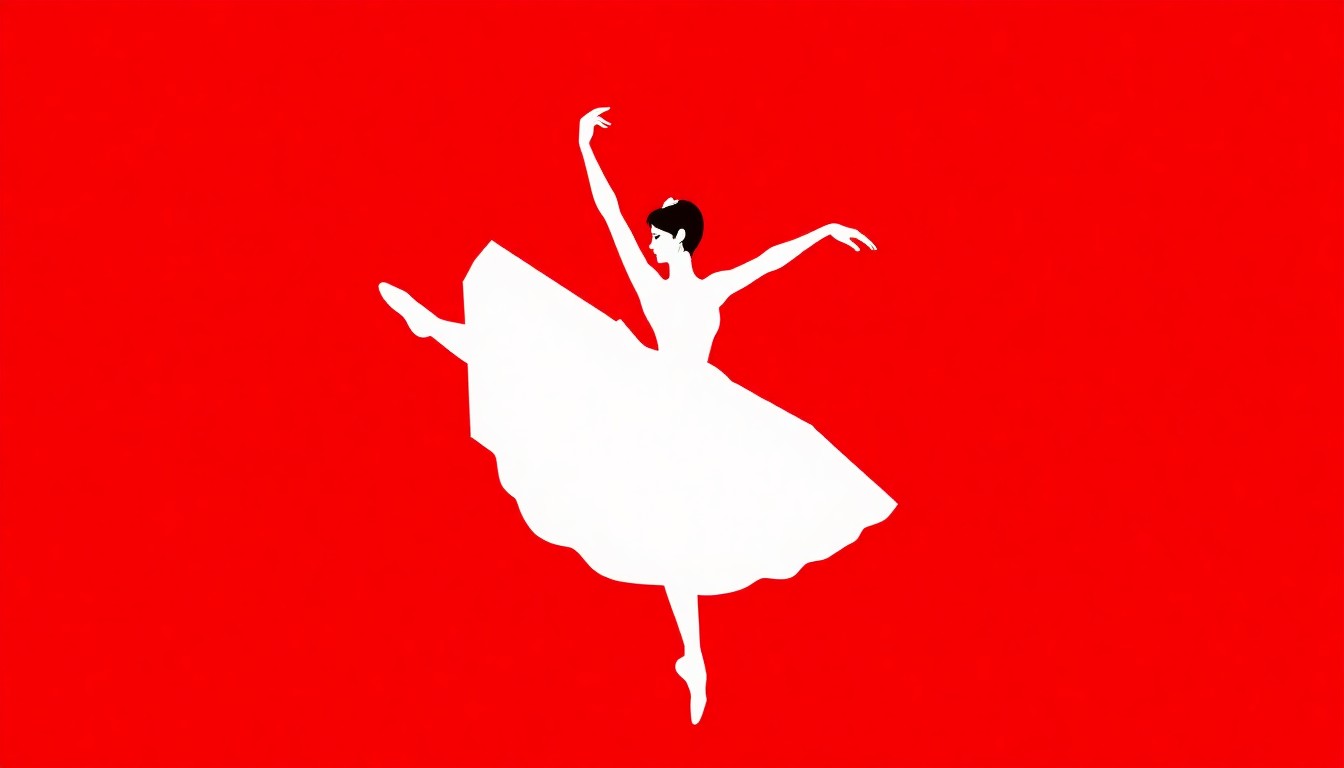 An abstract, minimalist illustration featuring bold, jagged shapes in contrasting red and white, conceptually representing the emotional expression and artistic mastery of classical ballet performance.