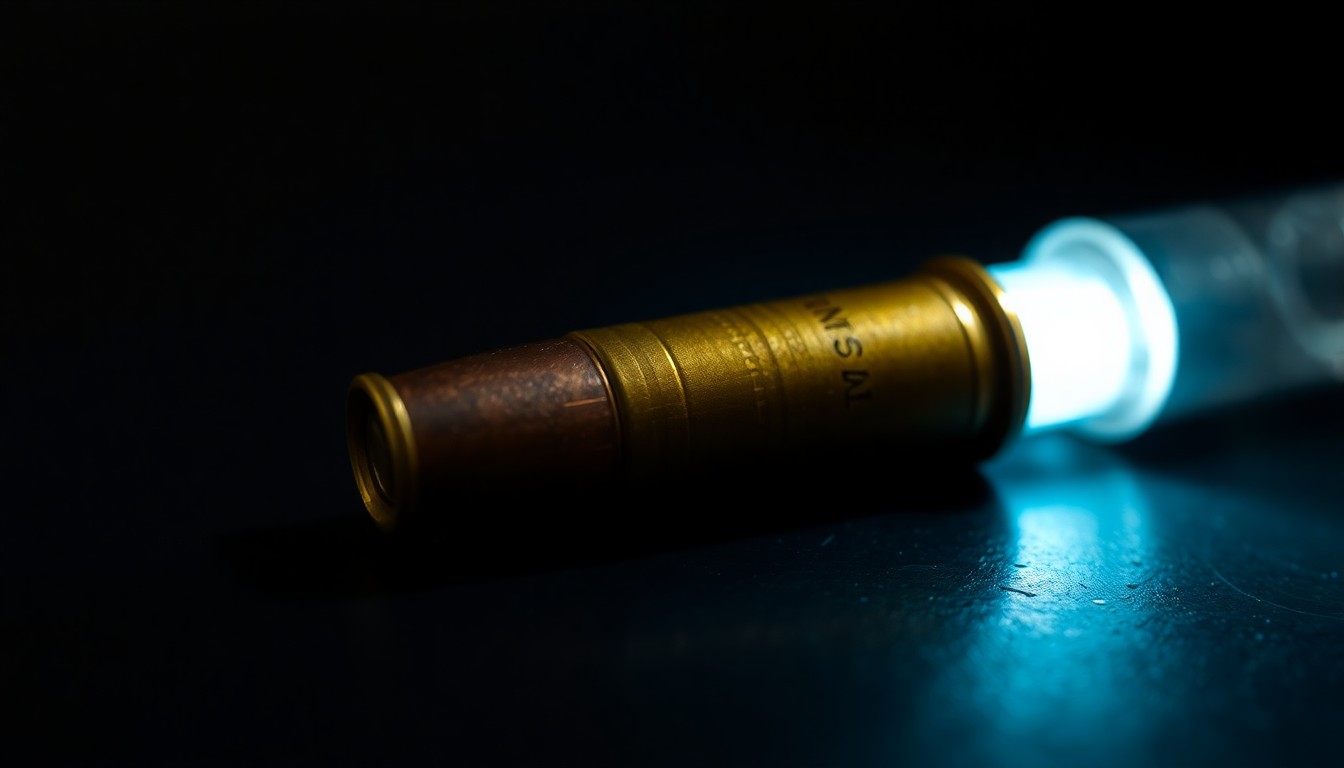 An extreme close-up photograph of a single spent bullet casing on a dark surface, lit by a harsh, direct camera flash, conceptually representing the deadly aftermath of a domestic violence incident.