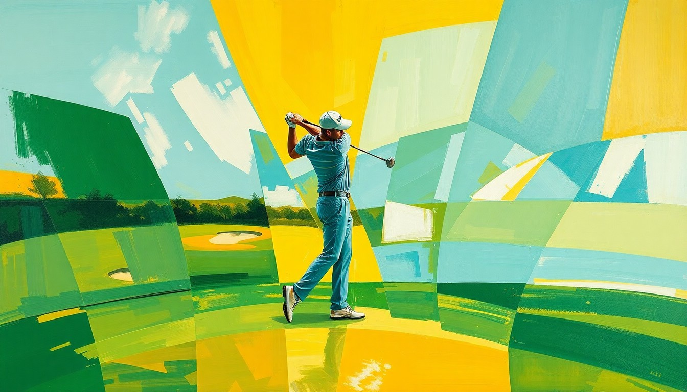 A cubist-style painting depicting a golfer's swing broken down into overlapping geometric shapes and planes in shades of green, blue, and yellow, conceptually representing the fractured motion of the sport.