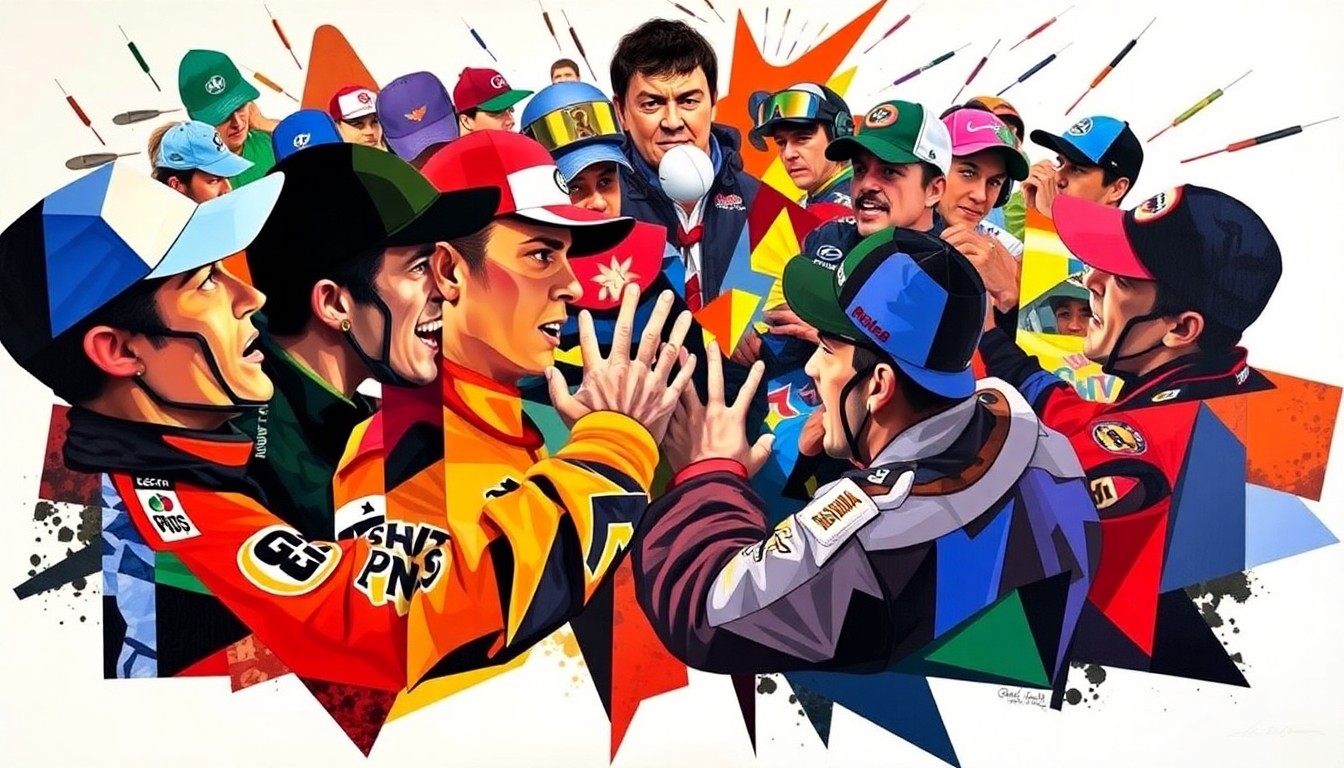 A fragmented, geometric painting depicting the chaotic aftermath of a stock car race, with abstracted figures of drivers engaged in a physical altercation.