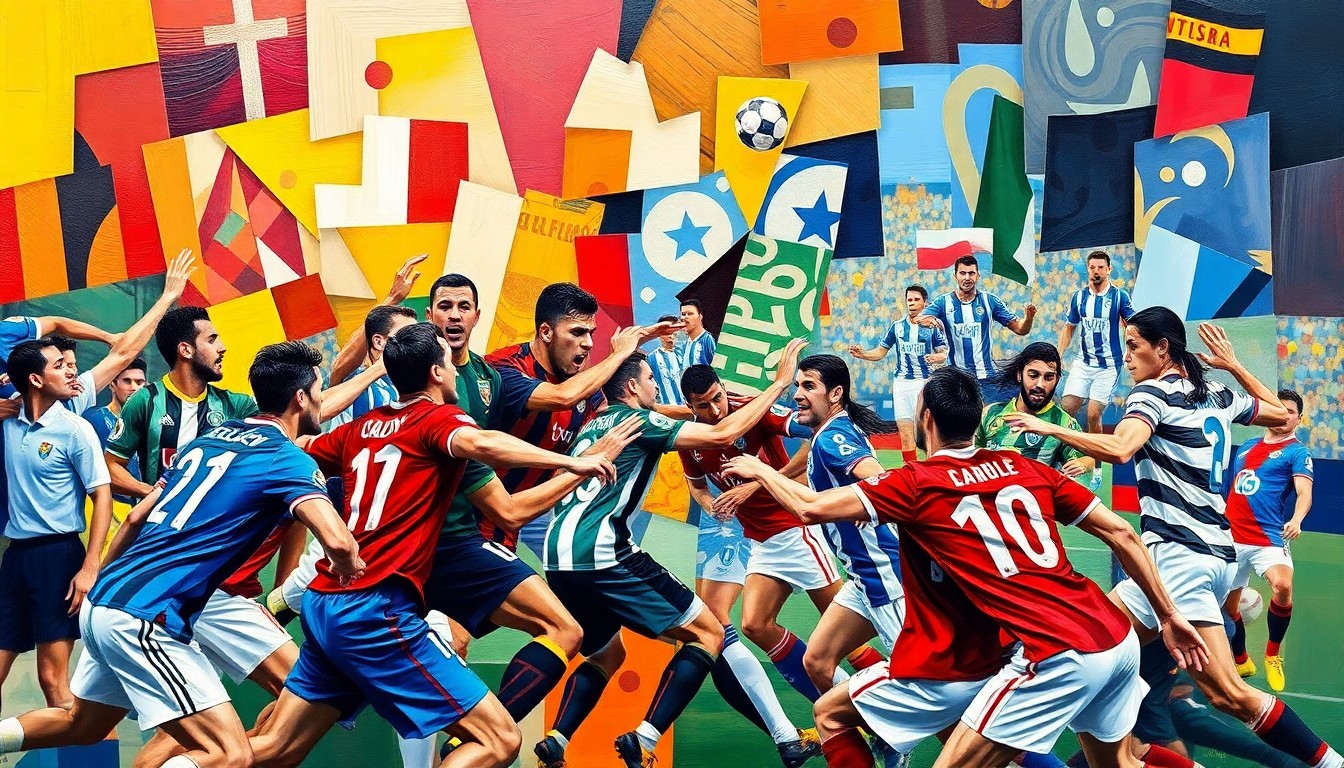 A fractured, geometric painting depicting the raw energy and movement of a Serie A midfield battle, with sharp planes of color representing the players and their actions on the field.