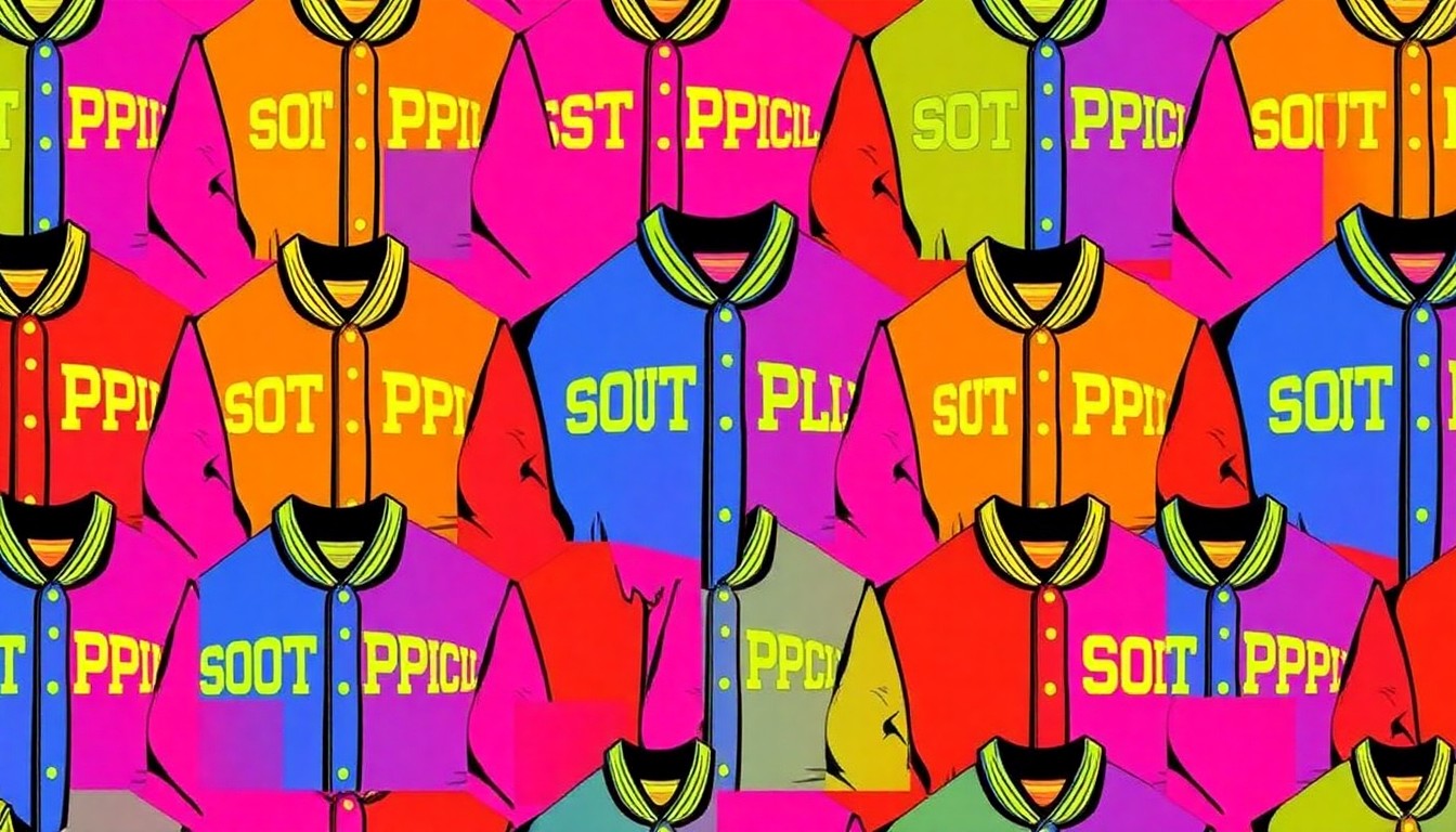 A brightly colored, high-contrast silkscreen print of a vintage South Philadelphia High School sports jersey, repeated in a tight grid pattern in the style of Andy Warhol, capturing the celebratory spirit of the school's Hall of Fame induction ceremony.