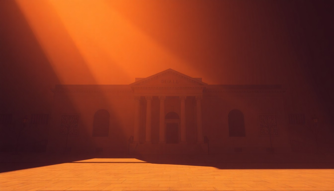A serene, cinematic painting of an empty city hall building in warm, golden light, conveying a sense of civic solitude and political isolation.