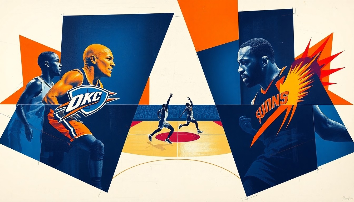 A cubist, geometric painting depicting an abstract basketball game between the Oklahoma City Thunder and Phoenix Suns, with the players' figures broken down into sharp, overlapping shapes in a vibrant color palette.