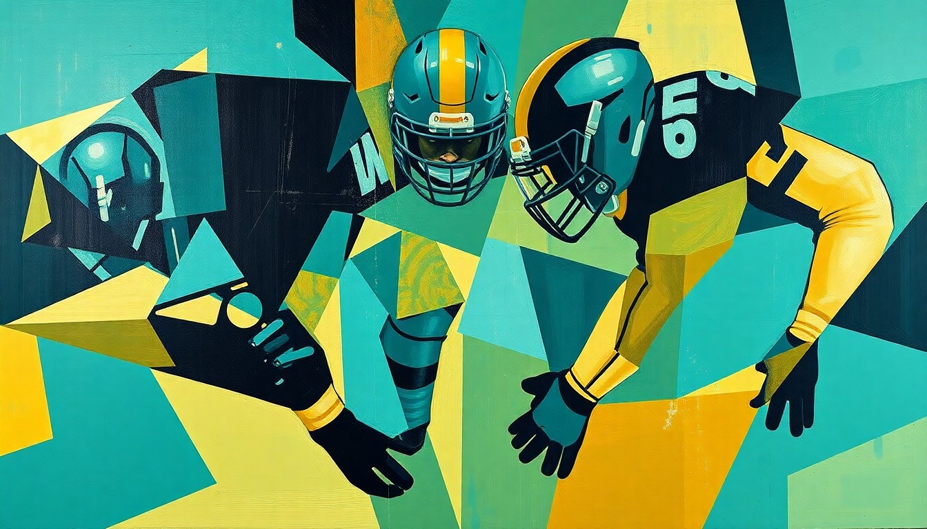 A fragmented, cubist-style painting depicting the overlapping geometric shapes and planes of a football defensive line, rendered in the team colors of teal, gold, and black to conceptually represent the Jaguars avoiding a roster move.
