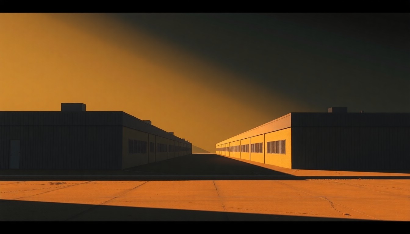 A serene, cinematic painting of an immigration detention center in warm, golden light and deep shadows, conveying a sense of isolation and the complex legal battles unfolding within.