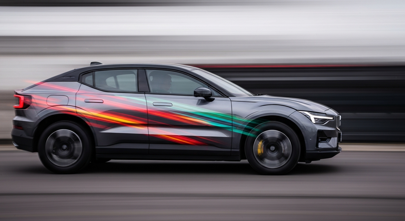 An abstract, blurred image of a Volvo EX30 electric vehicle in motion, with vibrant streaks of color conveying speed and modern engineering.