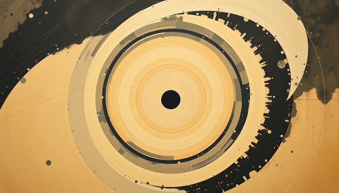 A bold, abstract painting in the style of Hilma af Klint, featuring sweeping geometric arcs, concentric circles, and precise spirals in earthy tones, conceptually representing the complex forces and concepts behind the SpaceX Starship S5 launch.