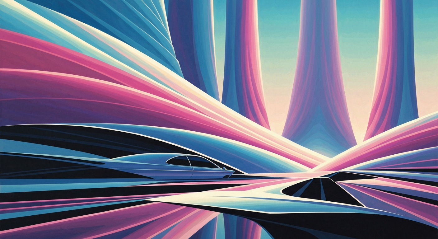 A highly stylized, geometric illustration depicting the sweeping, streamlined forms of a futuristic electric vehicle, with a towering, forced perspective backdrop suggesting the grand scale and technological prowess of electric vehicle innovation.